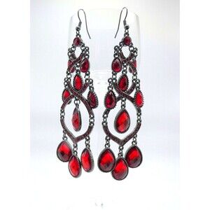 Dark Metal-Red Rhinestone Large Crystal Chandelier Earrings 4" GOTHIC